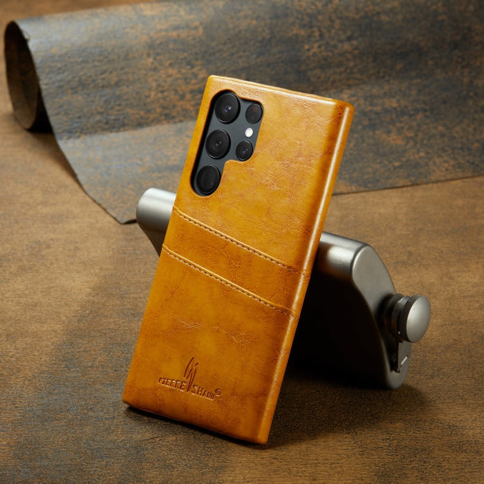 Fierre Shann Retro Oil Wax Texture Leather Case Samsung S22 Ultra