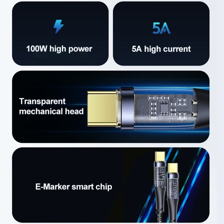 USAMS US-SJ574 Type-C / USB-C to Type-C / USB-C PD 100W Aluminum Alloy Transparent Charging Cata Cable, Length: 1.2m