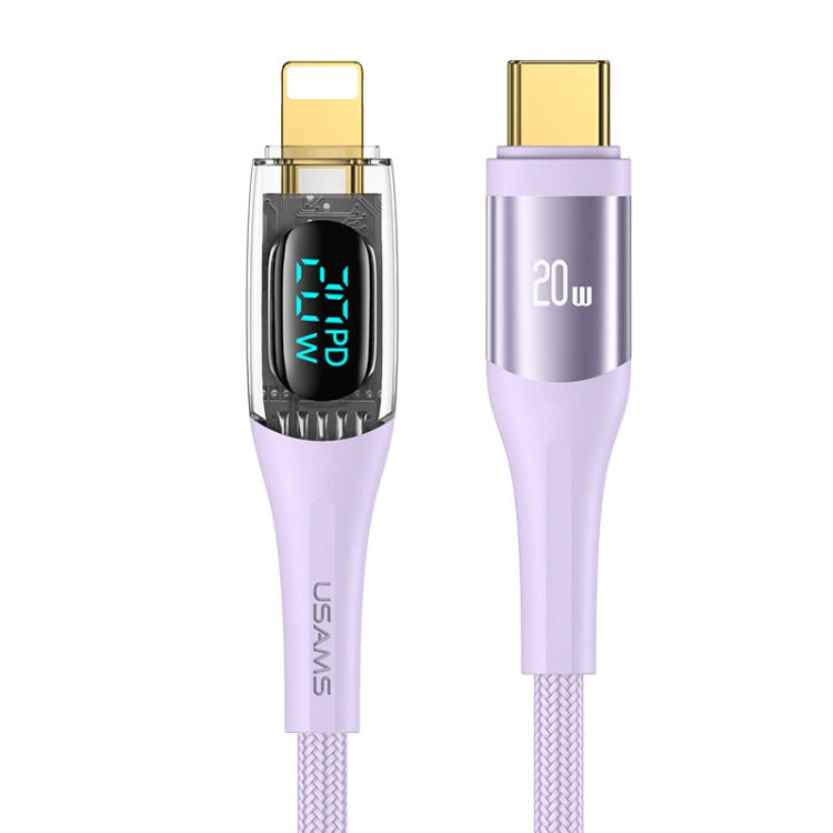 USAMS Type-C to 8 Pin PD20W Aluminum Alloy Transparent Digital Display Fast Charge Data Cable, Cable Length:1.2m