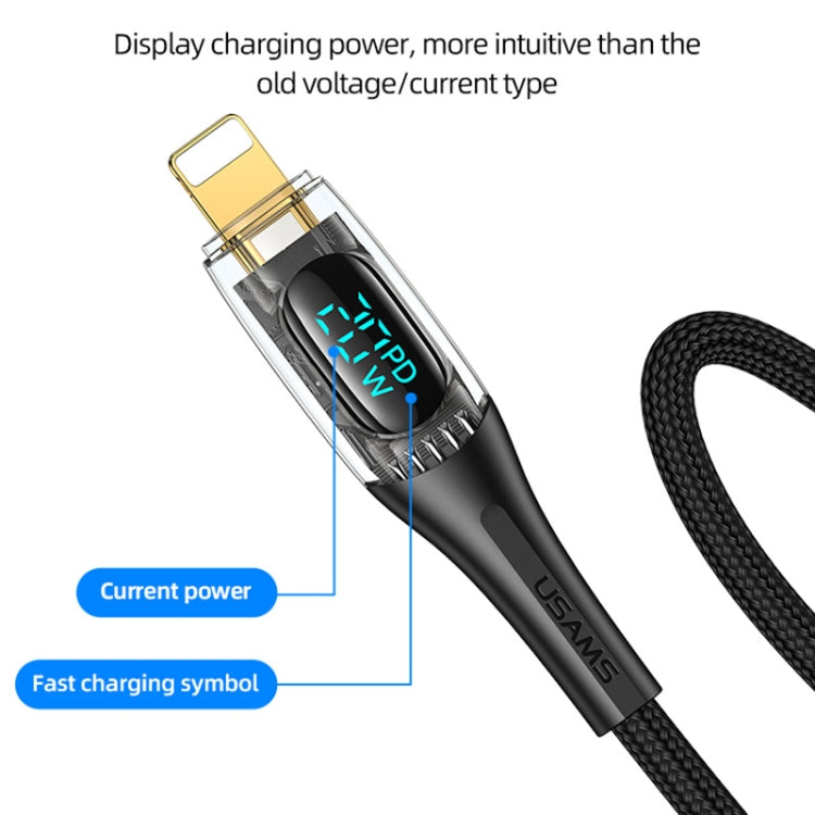 USAMS Type-C to 8 Pin PD20W Aluminum Alloy Transparent Digital Display Fast Charge Data Cable, Cable Length:1.2m