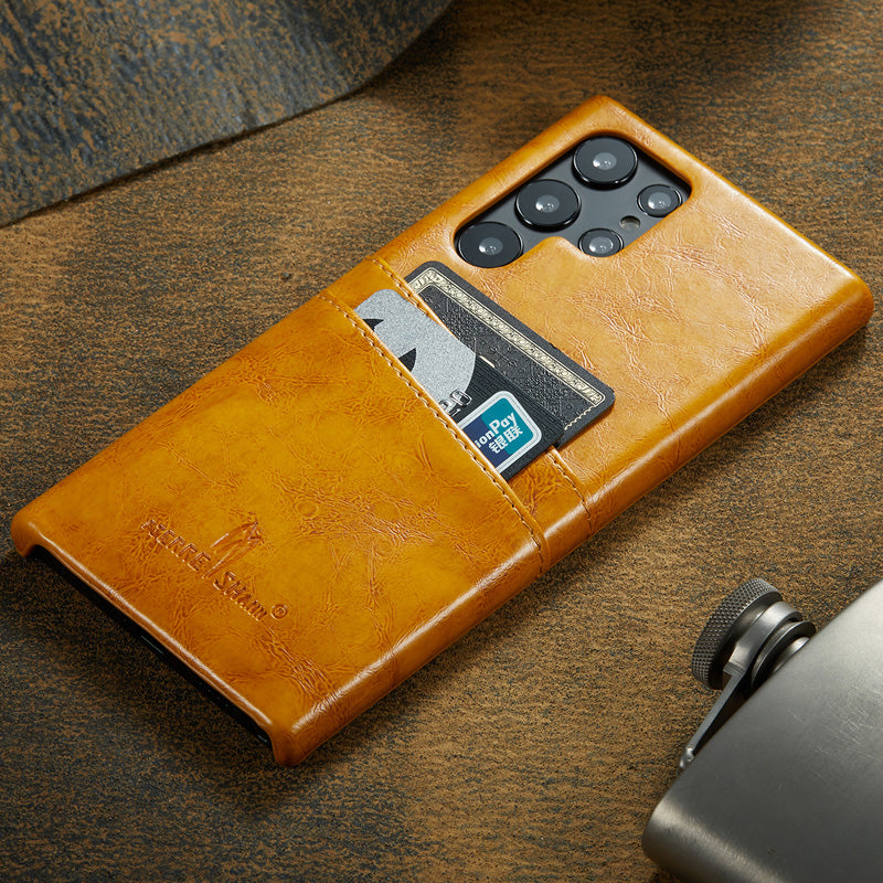 Fierre Shann Retro Oil Wax Texture Leather Case Samsung S22 Ultra